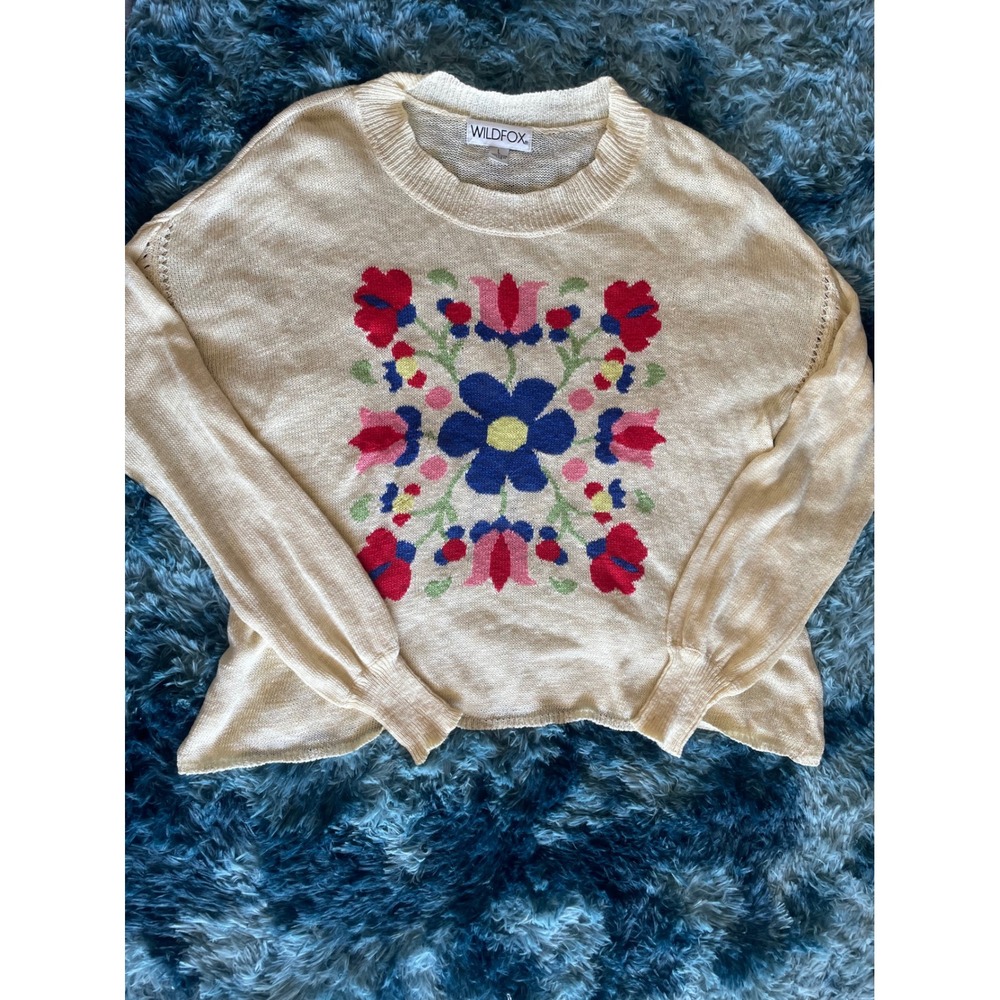 Wildfox Floral Embroidered Knit Sweater‎ Pullover Cream Beige Cottagecore